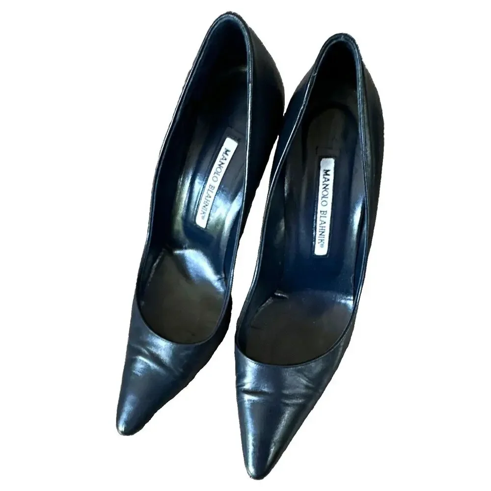 Manolo Blahnik NAVY Leather Pointed Toe Stiletto Slip On Pumps EU 39